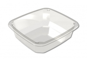 Ce plateau à compartiment unique en APET (Polyéthylène Téréphtalate Amorphe) se distingue par sa transparence, mettant en valeur son contenu, idéal pour la présentation des aliments. Le plateau est conçu avec un rebord lisse et légèrement incliné, assurant une fermeture sécurisée pour préserver la fraîcheur et éviter les déversements. Son corps en cristal clair offre une vue complète sous tous les angles, apportant un aspect haut de gamme, parfait pour l'affichage en magasin. La base est plate et robuste, permettant un empilage et un transport stables. Le matériau est également recyclable, soulignant un engagement en faveur de la durabilité.